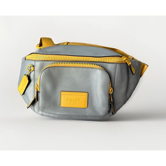 Coach Mens Track Belt Bag Heather Gray Leather Yellow Buckle Fanny Pack - Picture 1 of 9